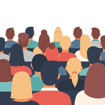 icons of people looking forward, sitting in a crowd at a conference